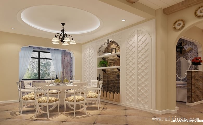 浅色调的美式田园风格别墅餐厅装修效果图